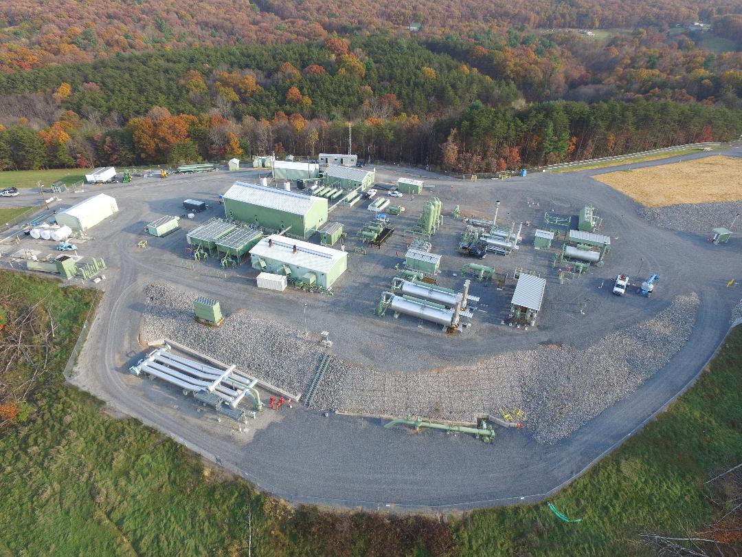 Aerial view of a completed facility surrounded by West Virginia hills