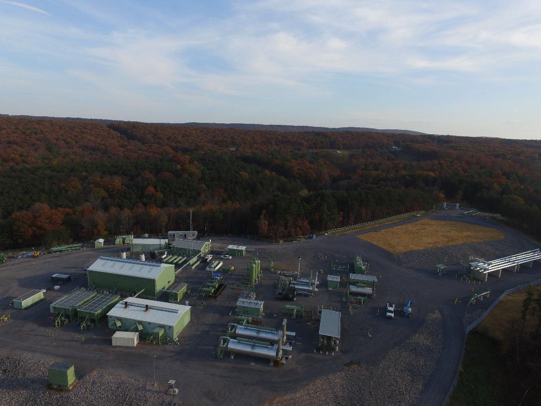 Aerial view of a field facility in the West Virginia mountains